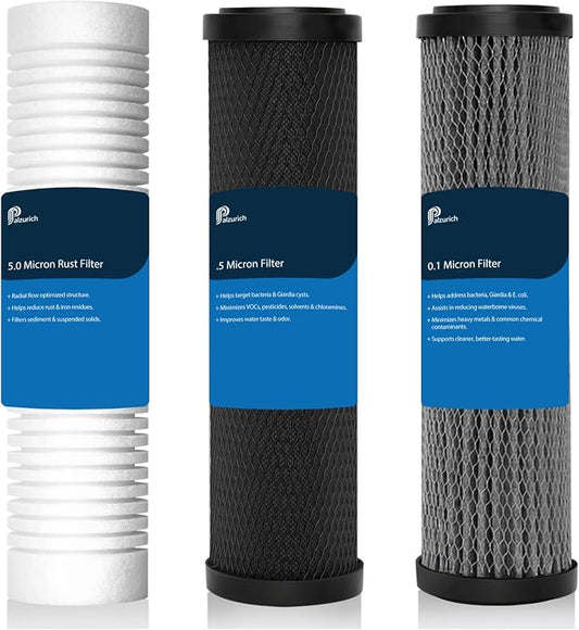 Upgrade RV Replacement Filter Set for ClearSource Ultra 3-Canister System | Standard 2.5" X 10" Size; 3-Stage: 5-Micron Sediment, 0.5-Micron Carbon Block & 0.1-Micron Final Guard; Up To 2,000 Gal
