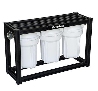 S3 Mini External 3-Stage RV Fresh Water Filter System, Compact, 5 Inch Filters, 3/4" GHT Stainless Steel Fittings, Reduce Sediment, Chlorine, Odor, All Aluminium Free-Standing Chassis, Black