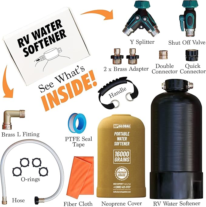 RV Water Softener Portable - 16,000 Grain, 3/4" GHT Fittings, Convenient Water Softener for RVs, Trailers, Boats, Mobile Car Washing, Pressure Washing