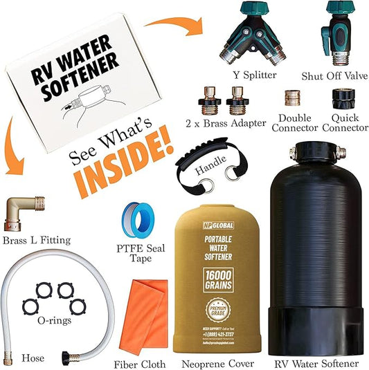 RV Water Softener Portable - 16,000 Grain, 3/4" GHT Fittings, Convenient Water Softener for RVs, Trailers, Boats, Mobile Car Washing, Pressure Washing