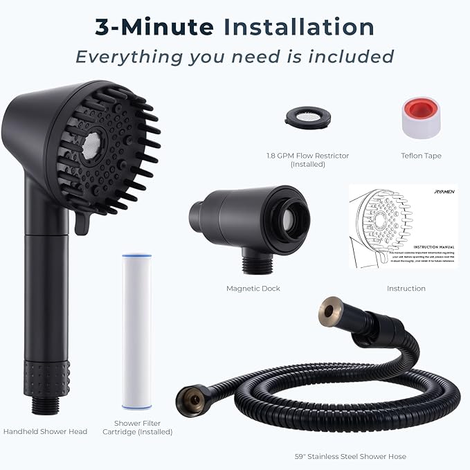 Ryamen 2026 Magnetic Filtered Shower Head with Handheld– High Pressure Showerhead with Power Wash Mode, Chlorine Removal, Massage Brush, Pressure Adjustable, One-Touch Pause (Matte Black)