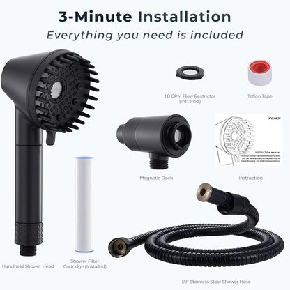 Ryamen 2026 Magnetic Filtered Shower Head with Handheld– High Pressure Showerhead with Power Wash Mode, Chlorine Removal, Massage Brush, Pressure Adjustable, One-Touch Pause (Matte Black)