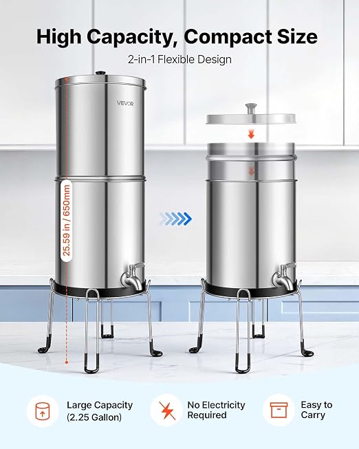 VEVOR Gravity-fed Water Filter System, 2.25G 304 Stainless-Steel Countertop Water Filtration System, Reduces Lead and up to 99% of Chlorine, with 2 Carbon Filters, Spigot, and Stand, for Home Camping