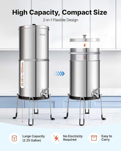 VEVOR Gravity-fed Water Filter System, 2.25G 304 Stainless-Steel Countertop Water Filtration System, Reduces Lead and up to 99% of Chlorine, with 2 Carbon Filters, Spigot, and Stand, for Home Camping