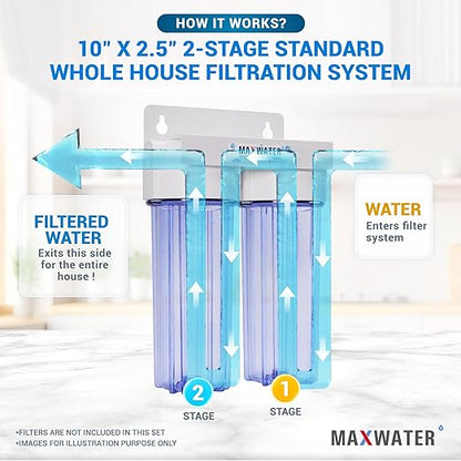 Max Water 10" 2 Stage Whole House Standard Home Water Filter System 3/4" Inlet Clear Filter Housing Variation, Supports 10" x 2.5" Water Filters (Clear, NO Filters)
