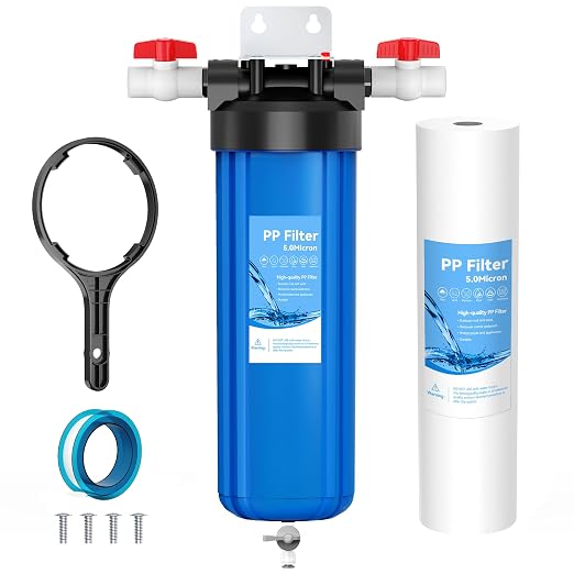 Whole House 20"x4.5" Blue PP Sediment Pre-Filter Housing with Drain Valve | Filters sediment, rust & dirt, pre-filter for city & well water, easy DIY install, includes 1 pack PP filter and 2 valves