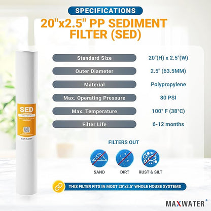 Max Water Slim Blue 5 Micron 20 inch x 2.5 inch Whole House Melt-Blown Polypropylene Sediment Water Filter Replacement Cartridge (Pack of 9)