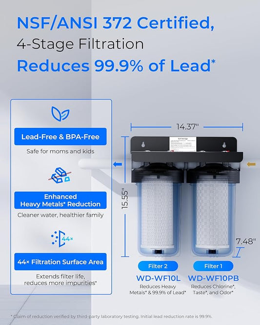 Waterdrop 2 Stage Whole House Water Filter System, with Carbon and Sediment Filter, Highly Reduce Lead, PFAS and Heavy Metals, Taste, 5-Stage Filtration, WD-WHF21-PBL, 1" Inlet/Outlet