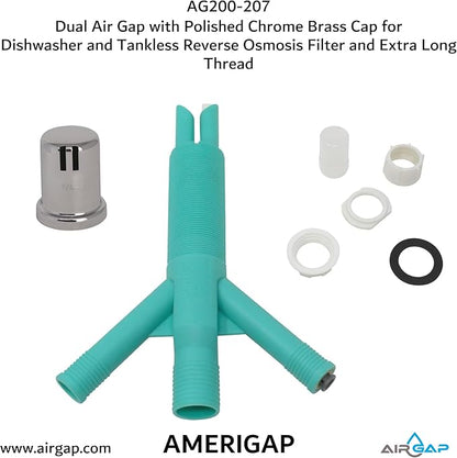 Dual Air Gap with Polished Chrome Brass Cap for Dishwasher and Tankless Reverse Osmosis Filter and Extra Long Thread (AG200-207, AG200-X07, AMERIGAP)