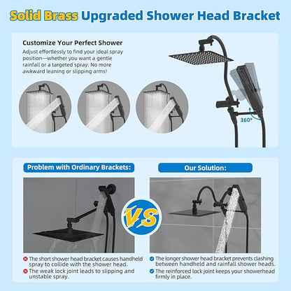 Hibbent All Metal cUPC Certified Shower Head, 10'' High Pressure Rainfall Showerhead Combo, Handheld Shower Wand, 12'' Adjustable Extension Arm, 4-Spray, 71'' Hose, Brass Shower Holder, Matte Black