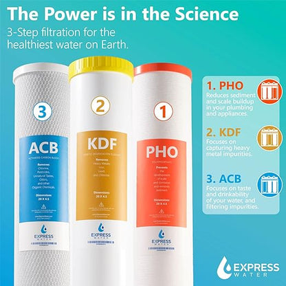 Express Water 3-Stage Whole House Water Filter System, Reduces Scale, Heavy Metals, PFAs, Lead, Arsenic, Chlorine & Chloramine, Includes Free-Standing Stainless Steel Frame & 3 Pressure Gauges