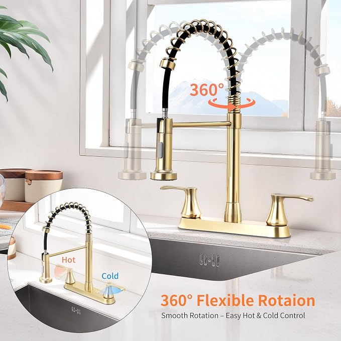 HOMELODY 2 Handles Kitchen Faucet with Pull Down Sprayer for 3 Hole Sink, 360° Rotating Spout Commercial 2 Handle Stainless Steel Kitchen Faucets with Deck Plate Gold
