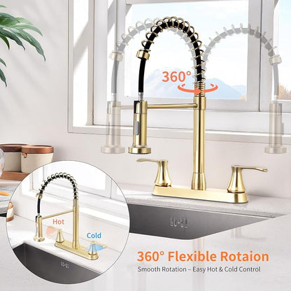 HOMELODY 2 Handles Kitchen Faucet with Pull Down Sprayer for 3 Hole Sink, 360° Rotating Spout Commercial 2 Handle Stainless Steel Kitchen Faucets with Deck Plate Gold