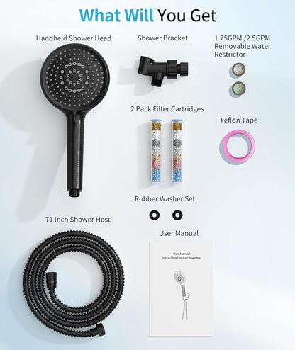 Filtered Shower Head with Handheld, 10 Spray Mode High Pressure Shower Head with Filters, Shower Filter Head for Hard Water, Powerful Spray for Cleaning, 2 Replaceable Filters Included, Black