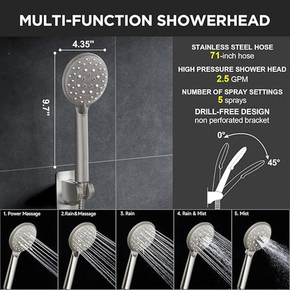 Veken 11.8" Brushed Nickel Rain Shower Head with Handheld, High Pressure Handheld Shower Heads with Multi Spray Modes,Rainfall Combo with 15" Metal Extension Arm,Detachable Dual Shower,Regaderas Para