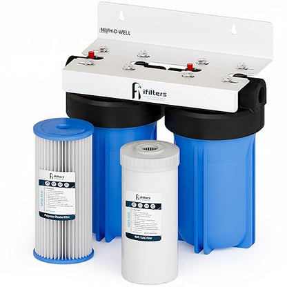 iFilters 2-Stage 10" Well Water Whole House Filtration Complete Commercial Grade System | Removes Sediment, Chlorine, Rust, Odor, Taste, Iron, Heavy Metals | Dual Stage with 1" Ports