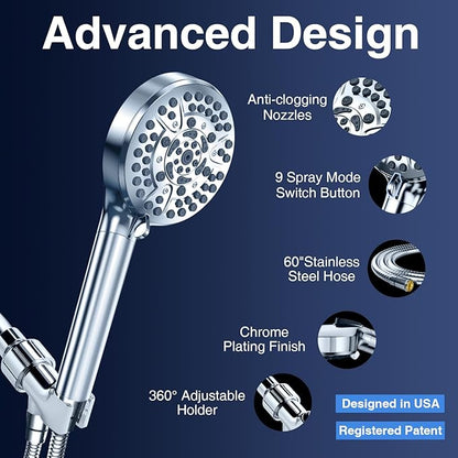 PALAS Filtered Shower Head with Handheld, High Pressure 10-Mode with Filters, Built-in Power Wash, soften hard water Remove Chlorine, Reinforced Hose, Overhead Bracket, Anti-clog nozzle (Chrome)