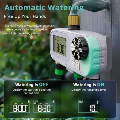 QUOBAS Sprinkler Timer for Garden Hose, Programmable Brass Water Timer | 4 Zone Hose Timer with Child Lock for Drip Irrigation, Pool, with Rain Delay/Auto/Manual, Waterproof Screen & Battery Powered