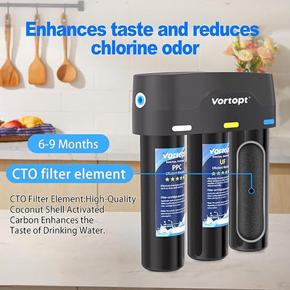 Vortopt F03 Under-Sink & Countertop Filtration,3 Stage Water Filter System with 0.01 Micron UF Membrane,Reduces Chlorine,Sediment,Odor,Retains Minerals,High Flow & Easy Install,NOT for TDS Reduction.