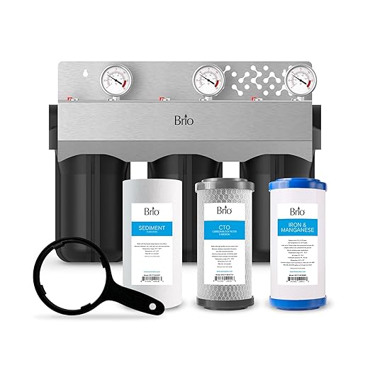 Brio Whole House Water Filter System w/Gauges | 3 Stage Fast-Flow Filtration (Sediment, CTO Carbon Block, Iron & Maganese) 4.5" x 10" Filters | Improves Taste, Protects Home Appliances | 720 GPH