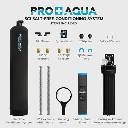 PRO+AQUA Whole House 15 GPM Salt-Free Water Softener Bundle with Single-Stage Carbon Infused Pre-Treatment Filter System | Removes Sediment, Chemicals, Chlorine, Contaminants, & Odor