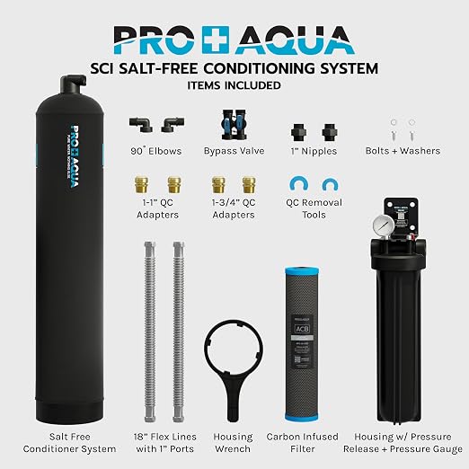 PRO+AQUA Whole House 20 GPM Salt-Free Water Softener Bundle with Single-Stage Carbon Infused Pre-Treatment Filter System | Removes Sediment, Chemicals, Chlorine, Contaminants, & Odor