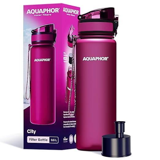AQUAPHOR City Water Filter Bottle 500 ml | Portable Filtered Water Bottle with Integrated Water Purifier | BPA-Free | Reusable Bottle with Water Filter for Camping, Travel & Outdoor Use | Ruby Red