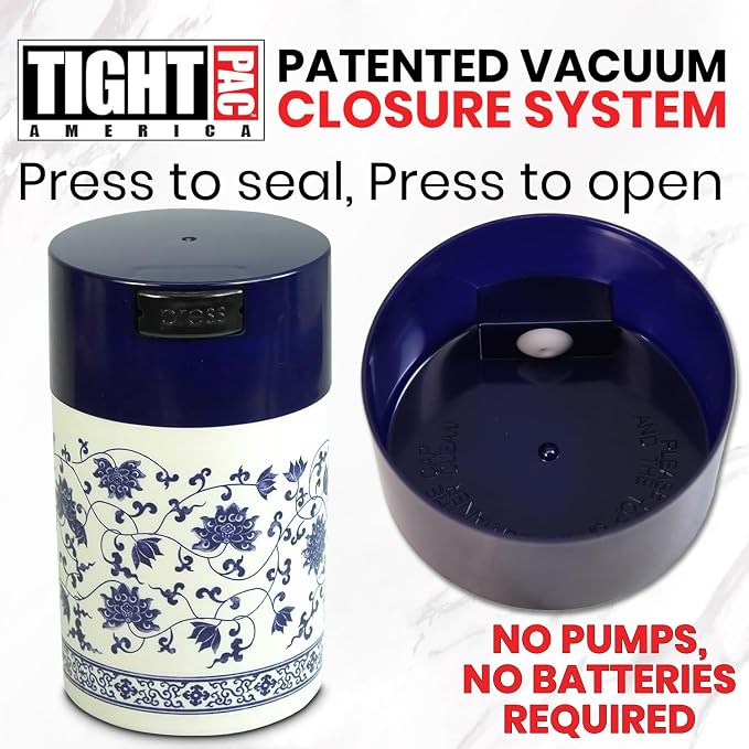 Tightpac Teavac 6-Ounce Vacuum Sealed Tea Storage Container, Blue Cap and White Body/Floral Design