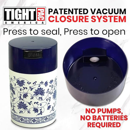 Tightpac Teavac 6-Ounce Vacuum Sealed Tea Storage Container, Blue Cap and White Body/Floral Design