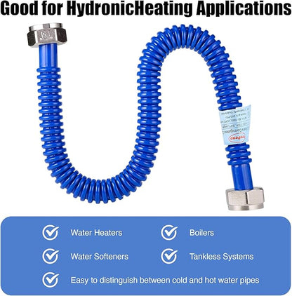 2 Pack, Upgrade Hot & Cold Water Heater Hose, 1" FIP x 1" FIP x 24 in Length Stainless Steel Corrugated Water Line Connector For Water Softener Tanks, Rubber Coating Red & Blue