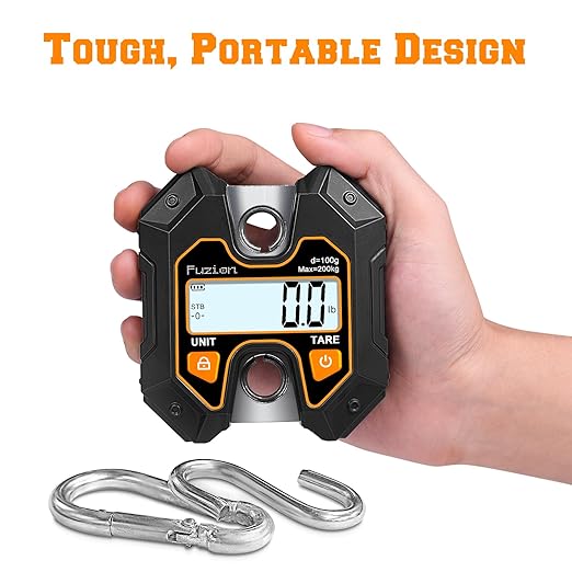 Fuzion Hanging Scale 440lb/200kg, Mini Crane Scale w/Stainless Steel Hook | No Setup Required, Hold/Tare Function, Large Display, Digital Hanging Scales for Weighing Animals, Hays, Fish, Travel Luggage