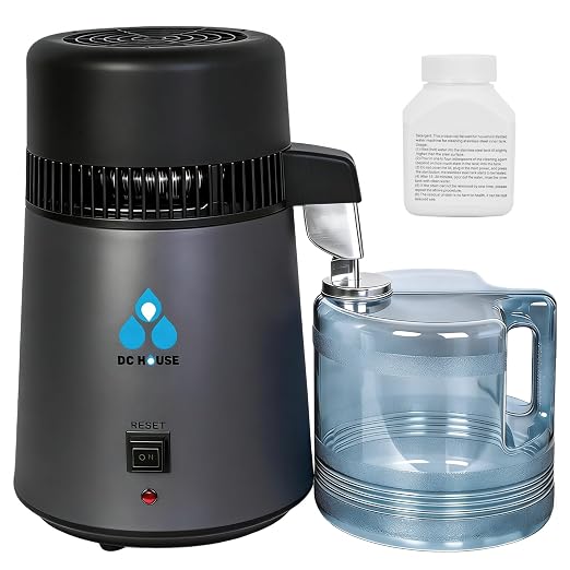 DC HOUSE 1 Gallon Water Distiller Machine, 750W 4L Pure Distilled Water Maker Machine with Container for Home Countertop Table Desktop, Drinking Purifier for Home Kitchen CPAP Hmidifiers (Black)