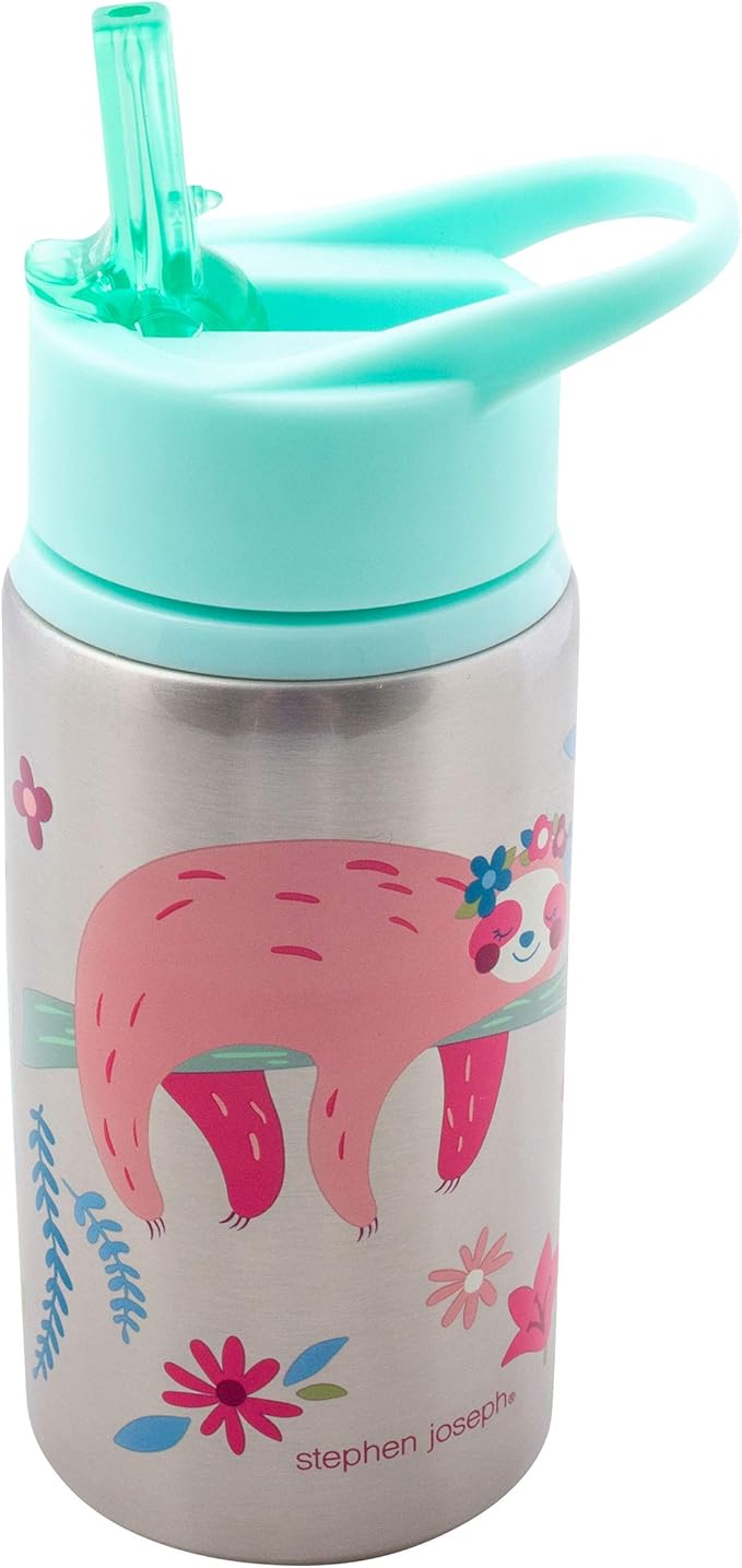 Stephen Joseph Stainless Steel Water Bottles, 18 OZ, Straw lid, Reusable tumbler, Insulated, SLOTH