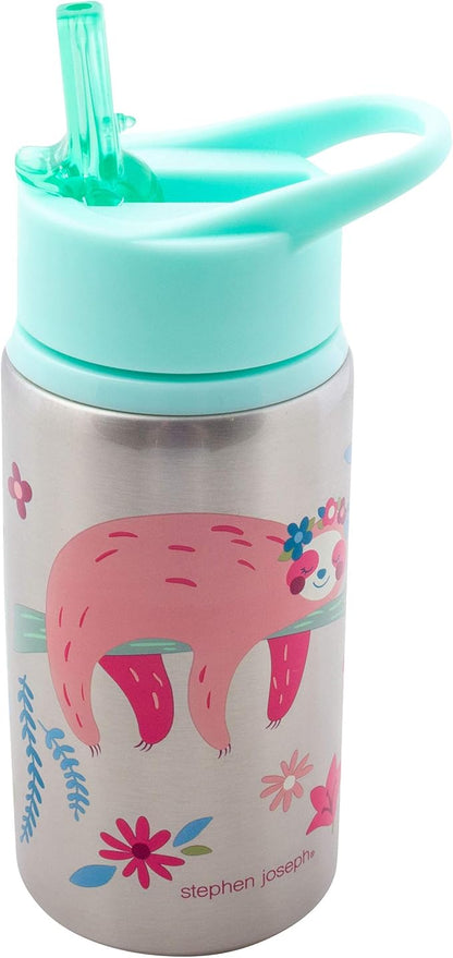 Stephen Joseph Stainless Steel Water Bottles, 18 OZ, Straw lid, Reusable tumbler, Insulated, SLOTH