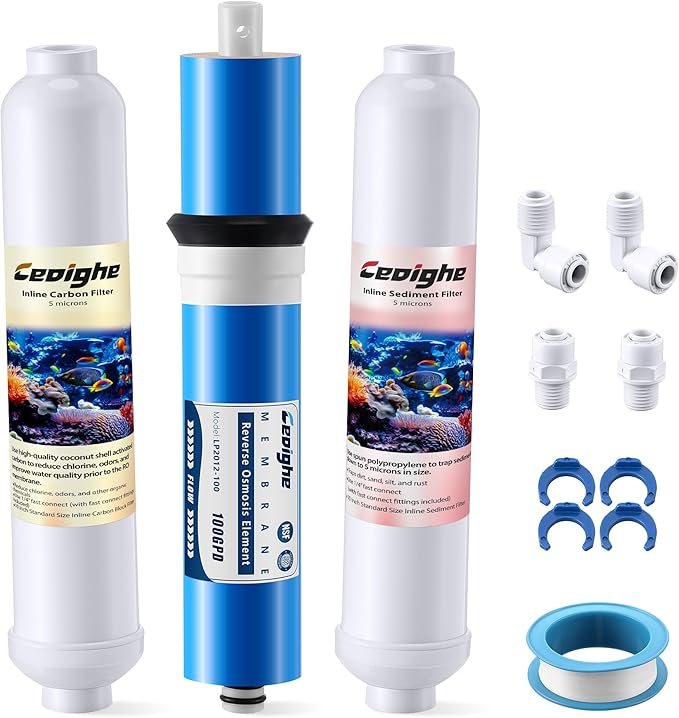 RO Replacement Cartridges Set (3-Pack) Compatible with RO/RODI Reverse Osmosis Deionization Water Filter System Units, Carbon Block Filter, Sediment Cartridge & 100GPD Membrane,1/4" Fittings