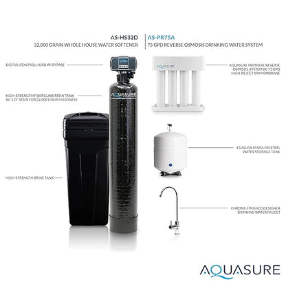 Aquasure 32,000 Grains Whole House Water Filter Bundle with Automatic Digital Metered Control Softener and 75 GPD RO Reverse Osmosis Drinking System | Removes Hardness | Ideal for 1-3 bathrooms