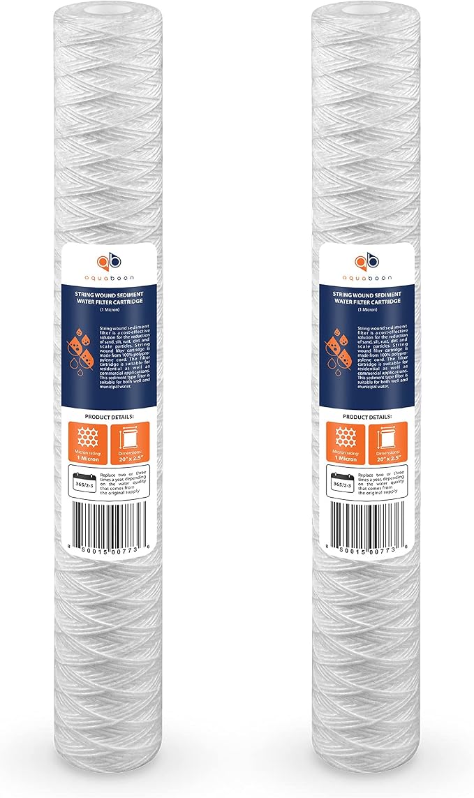 Aquaboon 1 Micron 20" x 2.5" String Wound Water Filter Cartridge - Whole House Water Filter Replacement for Well Water Matches SWC-25-2005, 2-Pack