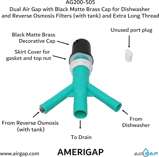 Dual Air Gap with Black Matte Brass Cap for Dishwasher and Reverse Osmosis Filters (with tank) and Extra Long Thread (AG200-505, AG200-X05, AMERIGAP)