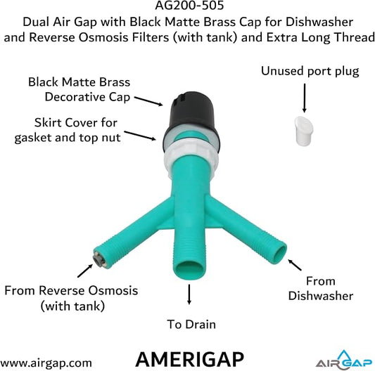 Dual Air Gap with Black Matte Brass Cap for Dishwasher and Reverse Osmosis Filters (with tank) and Extra Long Thread (AG200-505, AG200-X05, AMERIGAP)