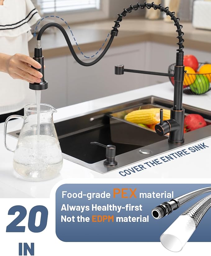 APPASO Spring Kitchen Faucet with Soap Dispenser Oil Rubbed Bronze | NSF/ANSI/CAN 372 & Lead-free, Pull Down Kitchen Sink Faucet, SUS304 Stainless Steel Single Handle High Arc Faucet