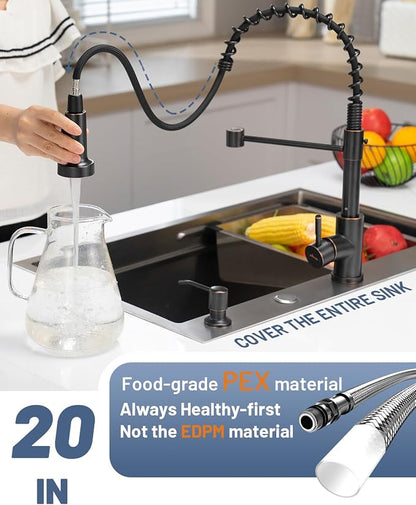 APPASO Spring Kitchen Faucet with Soap Dispenser Oil Rubbed Bronze | NSF/ANSI/CAN 372 & Lead-free, Pull Down Kitchen Sink Faucet, SUS304 Stainless Steel Single Handle High Arc Faucet