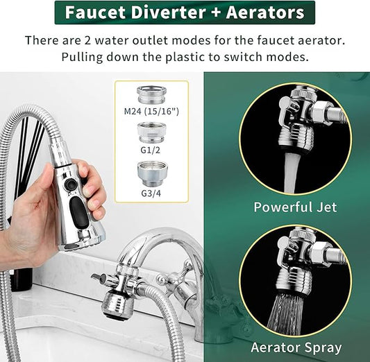 CECEFIN Kitchen Faucet Hose Attachment, Sink Sprayer Replacement Head with 4.9 Ft Stainless Steel Hose, Water Saving Aerator with 3-Way Diverter Valve for Hair Washing Laundry Room and Pet Shower