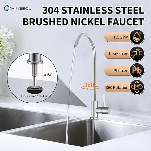 WINGSOL Under Sink Water Filter System with Brushed Nickel Faucet, NSF/ANSI 42&53 Anti-Clogged Pleated Filter Quick Change EZ Install, Reduce PFAS/Lead/Chlorine/Sediment, Long-Lasting Water Purifier