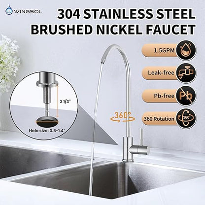 WINGSOL Under Sink Water Filter System with Brushed Nickel Faucet, NSF/ANSI 42&53 Anti-Clogged Pleated Filter Quick Change EZ Install, Reduce PFAS/Lead/Chlorine/Sediment, Long-Lasting Water Purifier