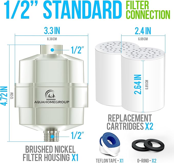 AquaHomeGroup 20 Stage Shower Filter - Reduces Chlorine, Heavy Metals and Sediment - Vitamin C and E - High Output - Universal Fit - Brushed Nickel