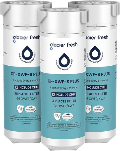 GLACIER FRESH Water Filter Compatible with XWFE (Built-in CHIP) Pack of 3 | Replacement for GE XWFE, XWF Refrigerator Water Filter NSF/ANSI 53 Certification