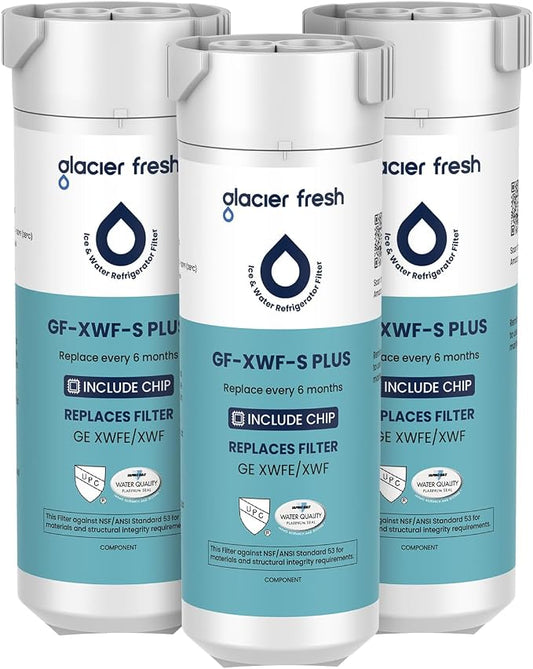 GLACIER FRESH Water Filter Compatible with XWFE (Built-in CHIP) Pack of 3 | Replacement for GE XWFE, XWF Refrigerator Water Filter NSF/ANSI 53 Certification