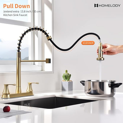 HOMELODY 2 Handles Kitchen Faucet with Pull Down Sprayer for 3 Hole Sink, 360° Rotating Spout Commercial 2 Handle Stainless Steel Kitchen Faucets with Deck Plate Gold