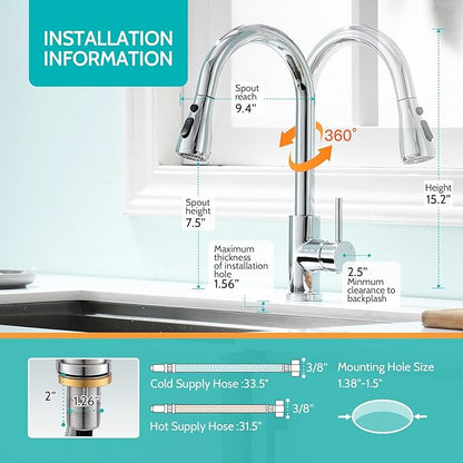 Kicimpro Chrome Kitchen Faucet, Kitchen Faucets for Sink 3 Hole High Arc Single Handle Stainless Steel Commercial RV Camper Kitchen Faucet with Pull Down Sprayer llaves para fregaderos de cocina