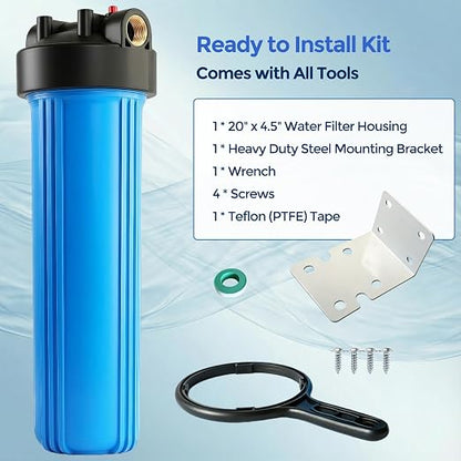 WH-20HD Whole House Water Filter Housing, Fit 20"x4.5" Sediment Filters for Well and City Water, Big Filter Blue Pre-Filtration System for Home, 1" NPT Port, Pressure Release